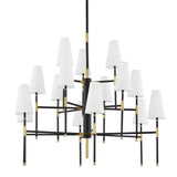 Bowery Chandelier 15-Light two-tier in Aged Brass/Old Bronze finish with white linen cone shades, by Hudson Valley