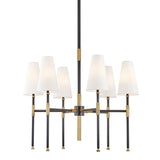 Bowery Chandelier 6-Light in Aged Brass/Old Bronze finish with white linen cone shades, by Hudson Valley