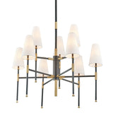 Bowery Chandelier 9-Light two-tier in Aged Brass/Old Bronze finish with white linen cone shades, by Hudson Valley