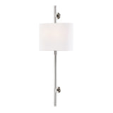 Bowery Drum Wall Sconce by Hudson Valley in Polished Nickel with white linen drum shade on a slender rod