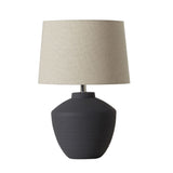 Buriti Table Lamp by Geo Contemporary in Graphite ceramic with a Rustic Linen fabric shade and chrome details