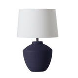 Buriti Table Lamp by Geo Contemporary in Navy Blue ceramic with a White fabric shade and chrome details