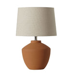 Buriti Table Lamp by Geo Contemporary in Terracotta ceramic with a Rustic Linen fabric shade and chrome details