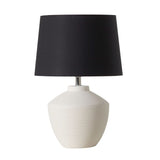 Buriti Table Lamp by Geo Contemporary in White ceramic with a Black fabric shade and chrome details