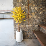 Camelia High Planter - White, with a flowering shrub by a stone wall