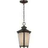 Cape May Outdoor Pendant — Burled Iron with Etched Hammered with Light Amber Glass
