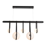 Derby Linear 5-Light LED Pendant, shown in Black, Polished Nickel, Black Leather, Black Wood, by Hubbardton Forge