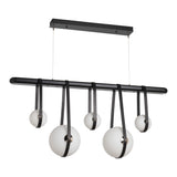 Derby Linear 5-Light LED Pendant, shown in Black, Polished Nickel, Black Leather, Black Wood, by Hubbardton Forge