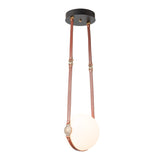 Derby Small LED Pendant, shown in Black, Antique Brass, Chestnut Leather & Branded Plate, Standard, by Hubbardton Forge