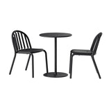 Black round-top pedestal table flanked by two matching slatted-back outdoor chairs — Fred's Bistro Set, 1 round table and 2 chairs, by Fatboy