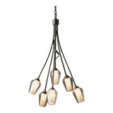 Flora 6 Arm Chandelier, shown in Dark Smoke, Seeded Glass with Opal Diffuser, by Hubbardton Forge