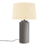 Gloss Gray Cream Linen Fabric Ceramic Tower Table Lamp with Fabric Shade by Justice Design
