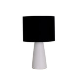 Ingá Table Lamp by Geo Contemporary in White ceramic with a Black fabric shade and chrome details