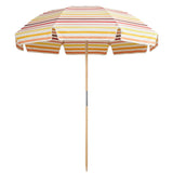 Round beach umbrella in warm multicolour stripes with a scalloped valance and pointed timber pole — Jardin Italian Umbrella 210 cm Diameter by Basil Bangs
