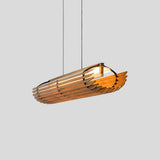 Lex Linear Pendant by Cerno, walnut slats with textured black accents and canopy - end view showing the bulkhead and slats