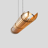 Lex Linear Pendant by Cerno, walnut slats with textured black accents and canopy - end view from below