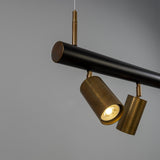 Matte Black and Antique Brass Watson Five Light Linear Island Pendant by Mullan Lighting Detail view