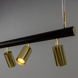 Matte Black and Polished Brass Watson Five Light Linear Island Pendant by Mullan Lighting Detail view