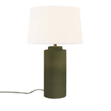Matte Green White Linen Fabric Ceramic Tower Table Lamp with Fabric Shade by Justice Design