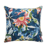 Square piped cushion in a bright botanical print of coral flowers, blue blooms and navy leaves on white — Throw Cushion 50x50cm by Basil Bangs
