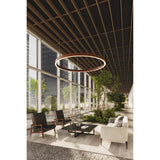 Redeo Pendant Light by Cerno lifestyle - walnut ring pendant in a glass-walled lounge (rendering)