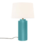 Reflecting Pool White Linen Fabric Ceramic Tower Table Lamp with Fabric Shade by Justice Design