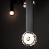 SNAPS LED Chandelier detail in Modern Brass, Black Leather & Pressed Glass, by Hubbardton Forge