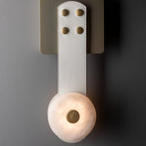 SNAPS LED Wall Sconce detail in Modern Brass, White Leather & Alabaster, by Hubbardton Forge
