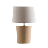 Santos Table Lamp by Geo Contemporary in Cappuccino ceramic with a Rustic Linen fabric shade and brass-tone details