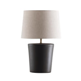 Santos Table Lamp by Geo Contemporary in Coffee ceramic with a Rustic Linen fabric shade and brass-tone details