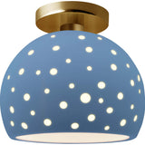 Sky Blue Brushed Brass Perforated Medium Globe Semi- Flush by Justice Design