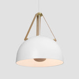 Stillo Pendant Light by Cerno in Blanc - white exterior and interior, brushed brass accents, tan leather, white washed oak