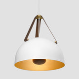 Stillo Pendant Light by Cerno in Cava - white exterior, brushed brass interior, brushed brass accents, brown leather, walnut