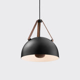 Stillo Pendant Light by Cerno in Deux - black spun aluminum shade with brown leather straps