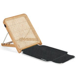 Folding beach lounger with adjustable woven rattan back, timber frame and black mesh mat — The Lounger by Basil Bangs