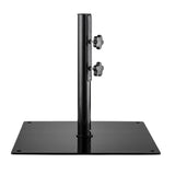 Square black steel base plate with an upright black pole and two flower-shaped tightening knobs — Umbrella Base Standard 14kg by Basil Bangs