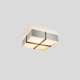 Veram Flushmount by Cerno, 24 inch, walnut wood frame with brushed aluminum shade - angled view