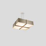 Veram Pendant Light by Cerno, 24 inch, walnut wood frame with distressed brass shade - angled view