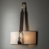 Black-Natural Linen Shade-Antique Brass Accent-British Brown Leather Saratoga Sconce by Hubbardton Forge