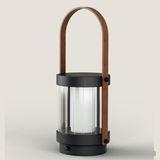 BALLY PORTABLE TABLE LED LAMP BY AROMAS DEL CAMPO, HANDLE: SITETIC LEATHER, BASE: MATT BLACK, GLASS: CLEAR STRIPED, , | CASA DI LUCE LIGHTING