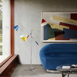 Nickel Plated and Matte Blue and Red and Yellow Sinatra Floor Lamp in Living Room