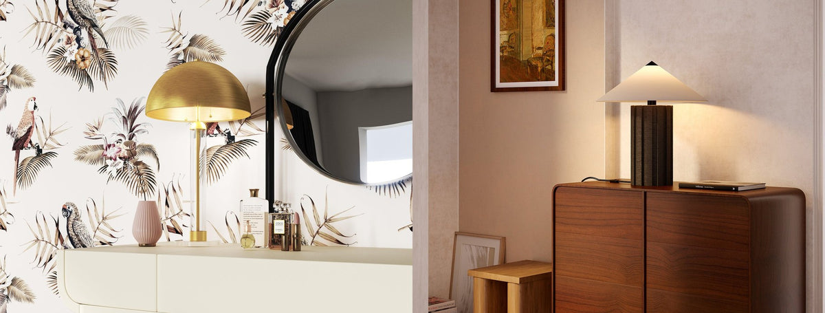 Alora table lamps on a vanity and a sideboard | Casa Di Luce