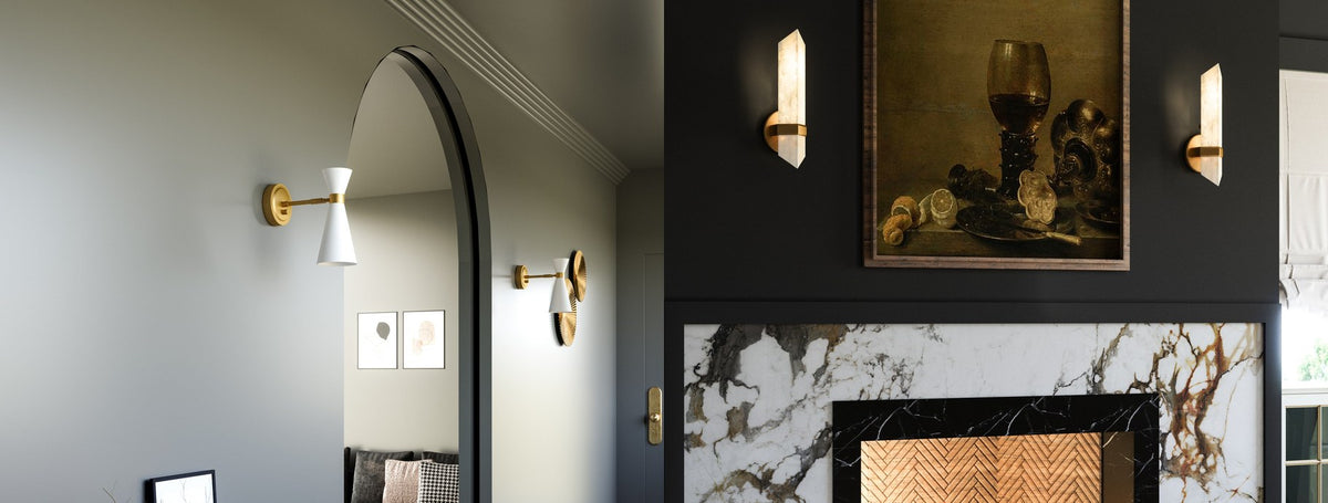 Alora wall sconces beside an archway and flanking a fireplace | Casa Di Luce