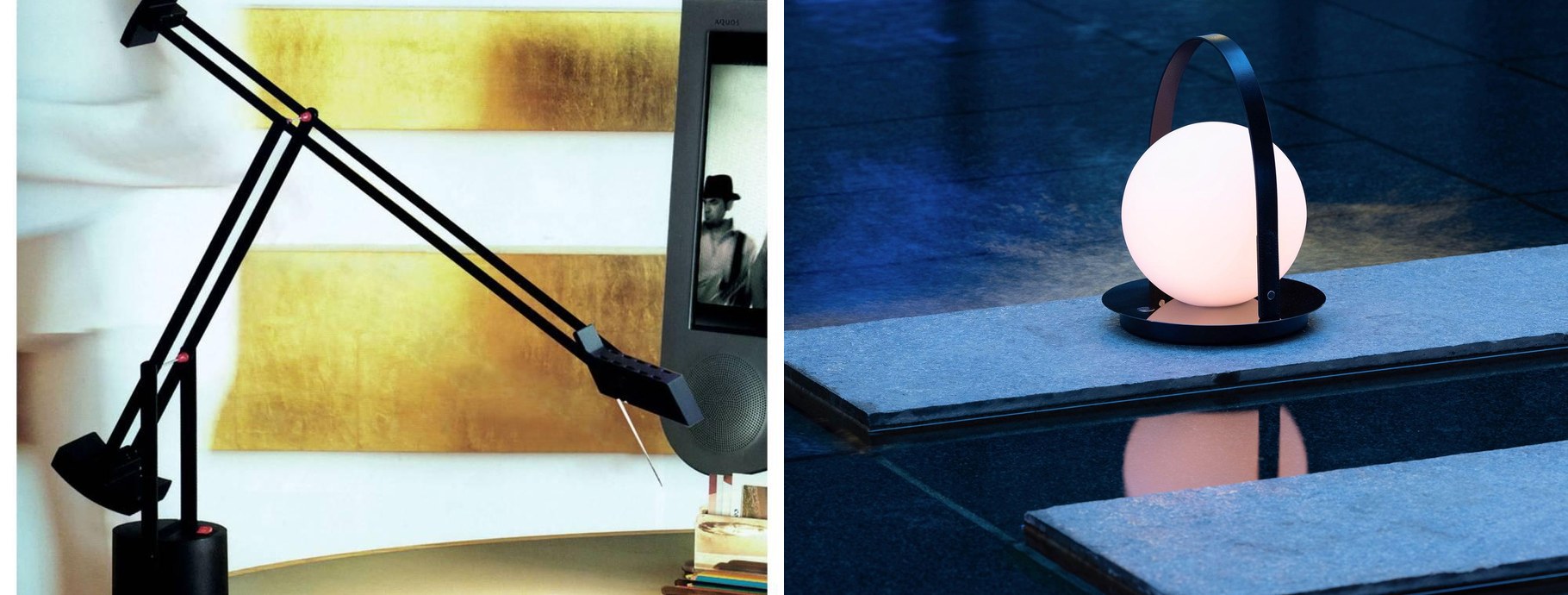 Tizio desk lamp in a sunlit room and a portable lantern by a pool at night | Casa Di Luce