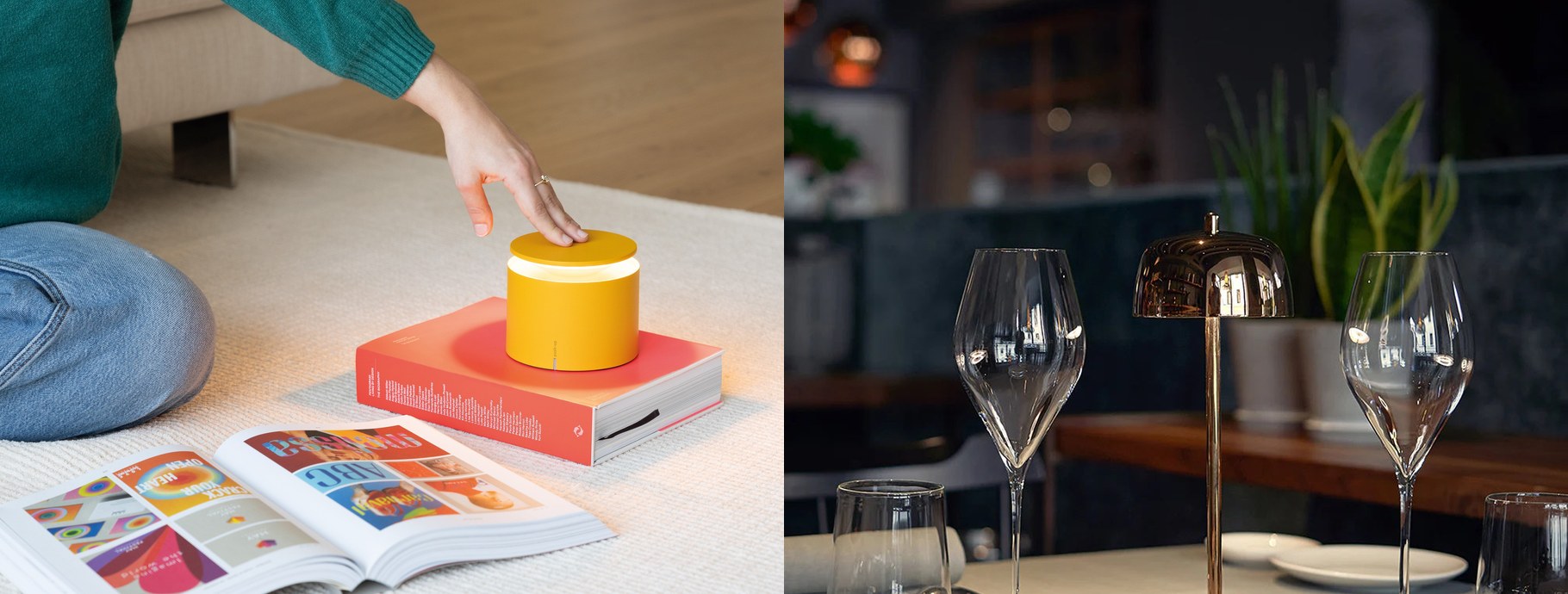 Portable lamps on a living room floor and beside wine glasses at dinner | Casa Di Luce