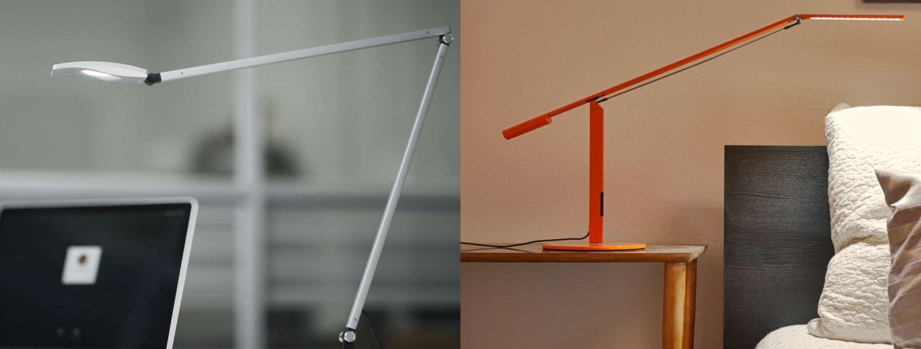 LED desk lamps over a laptop and beside a bed | Casa Di Luce
