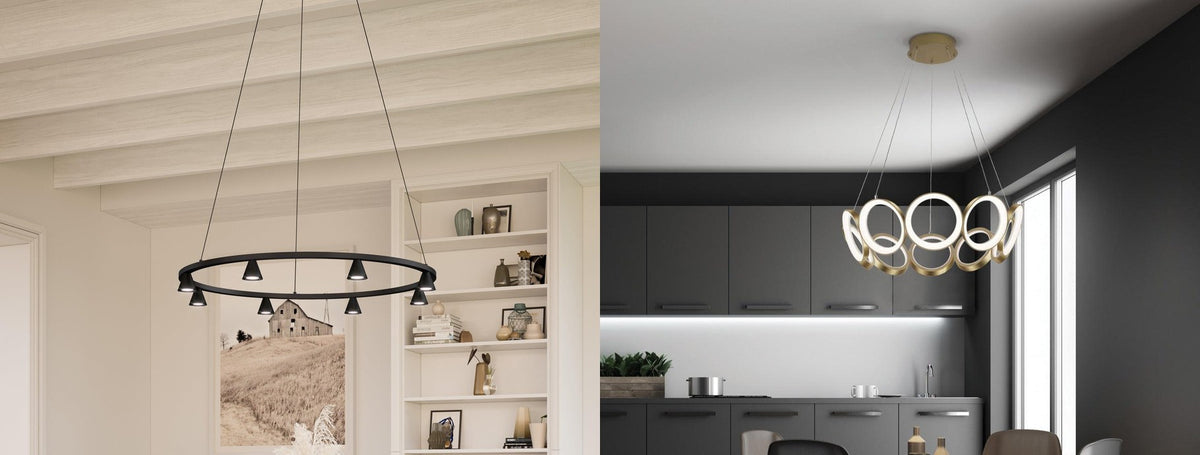 Kuzco ring chandeliers over a dining area and a modern kitchen | Casa Di Luce