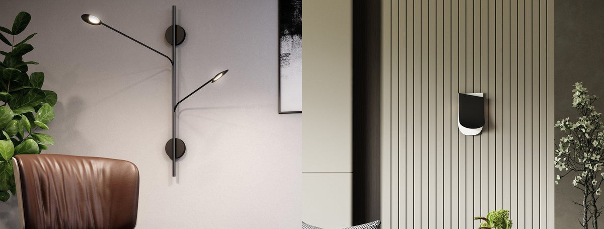 Kuzco wall sconces in a living space and on a slatted feature wall | Casa Di Luce