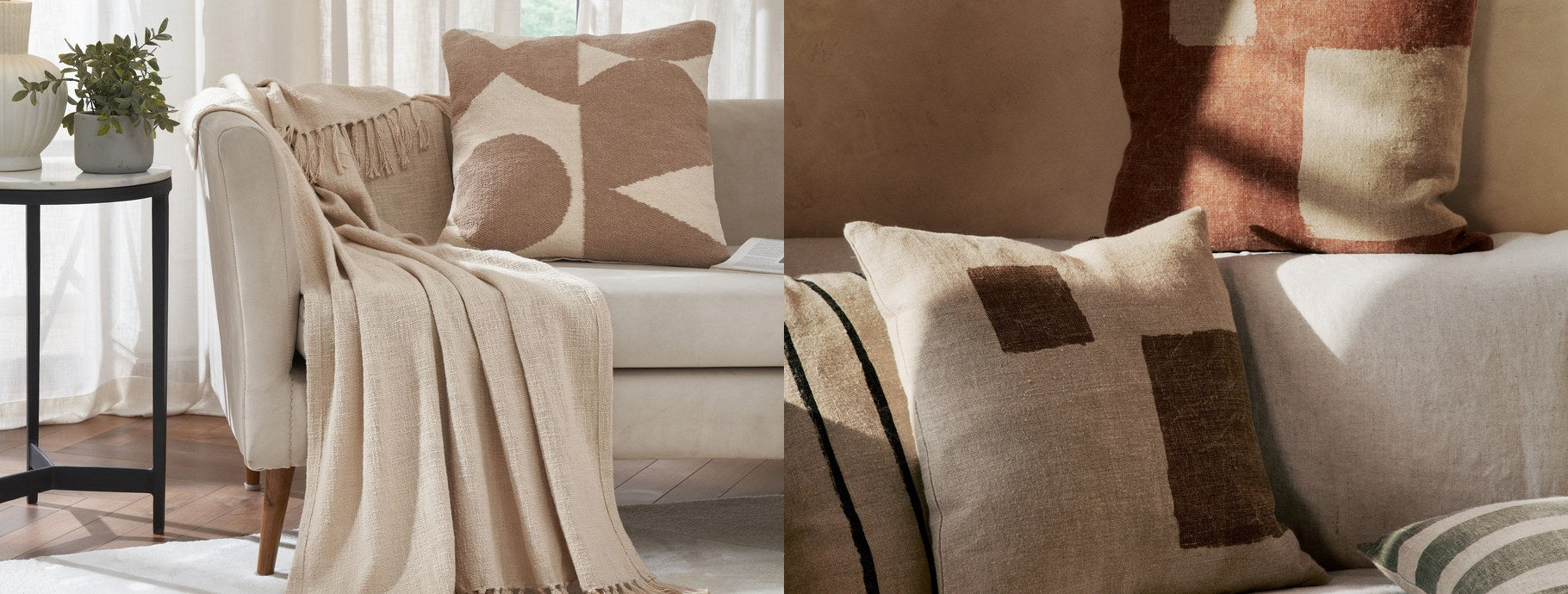 Modern throws and pillows on a light armchair and a linen sofa | Casa Di Luce