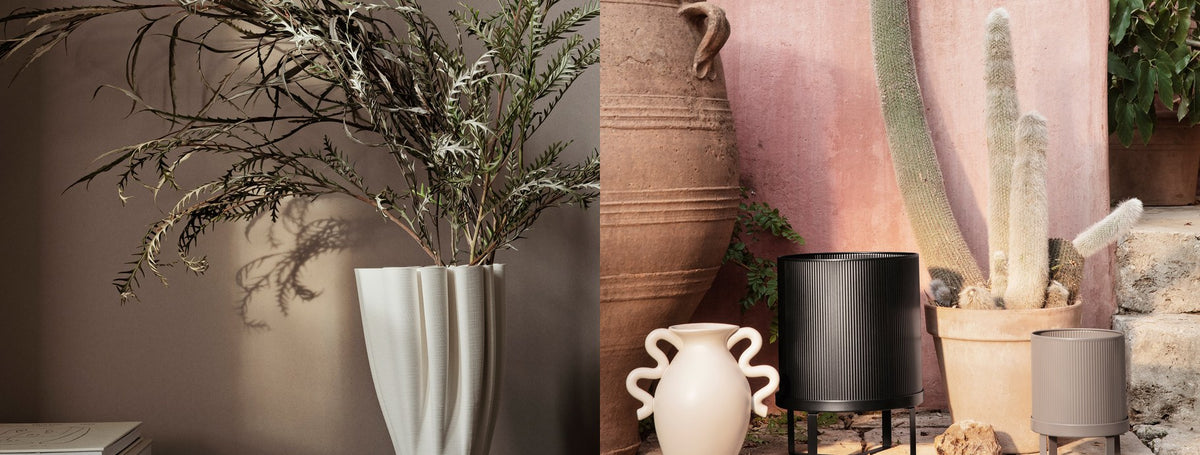 Modern vases and planters with dried stems and potted cactus | Casa Di Luce